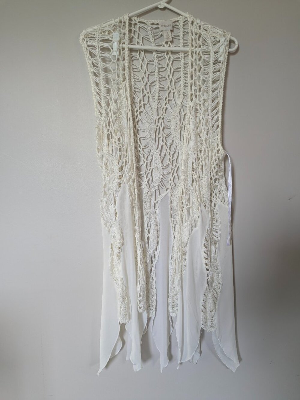 Chico's ivory crochet sleeveless boho open long vest cardigan Size 1/ US 8/M